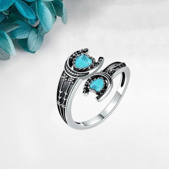 Western Horseshoe Turquoise Heart Spoon Good Luck Ring Sterling Silver - Picture 4 of 6